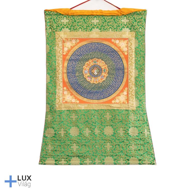OM MANI PADME HUNG thangka, dupla dorzsévalés nyolc szerencseszimbólummal