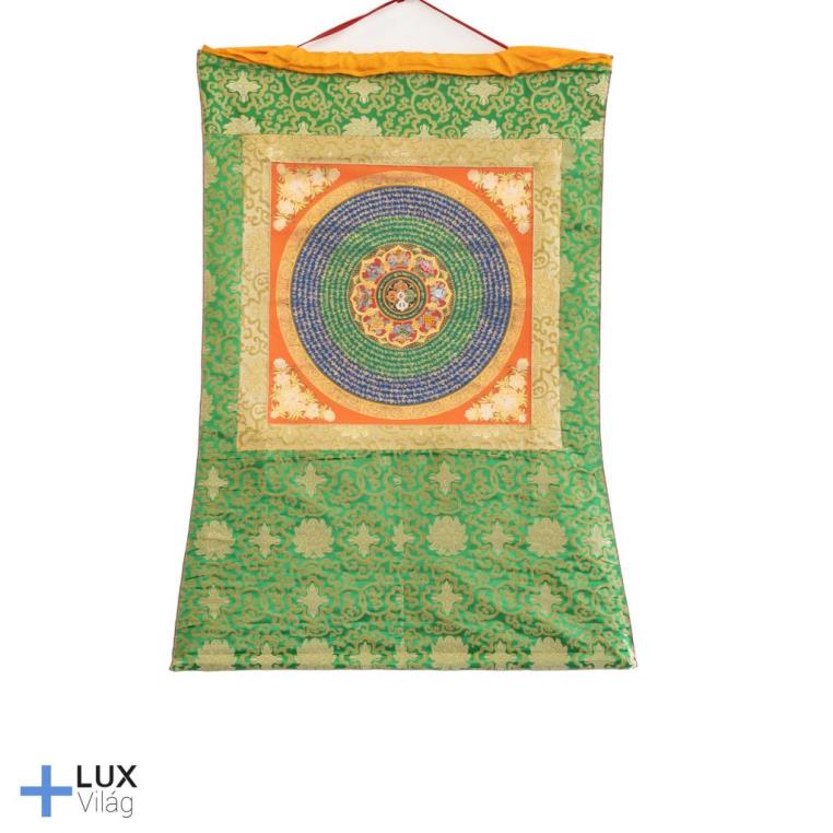 OM MANI PADME HUNG thangka, dupla dordzséval és nyolc szerencseszimbólummal
