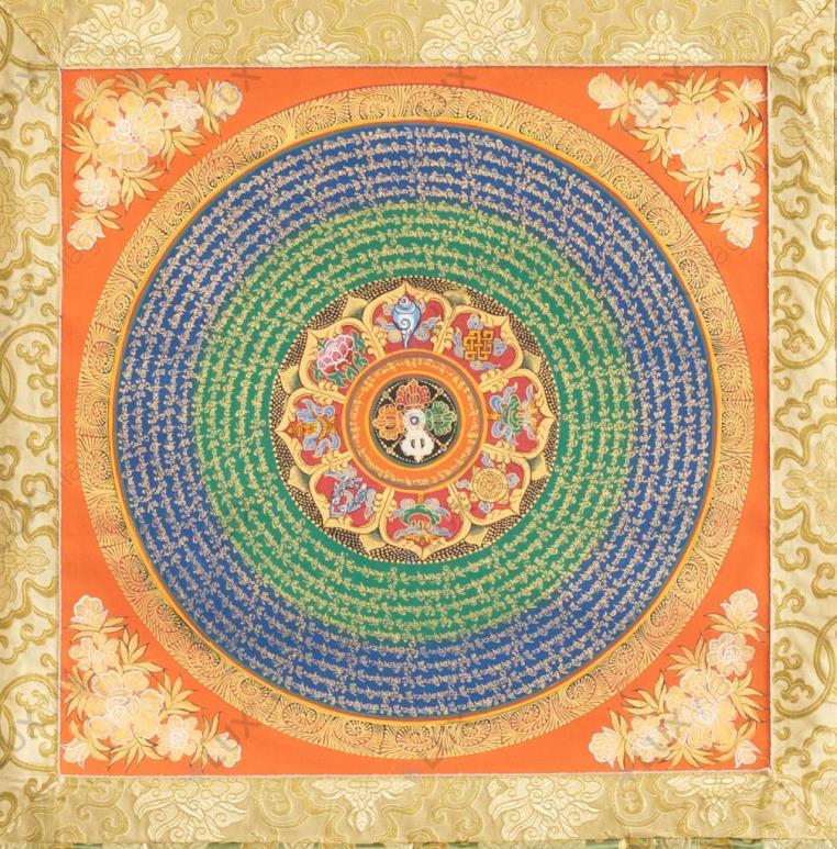 OM MANI PADME HUNG thangka, dupla dordzséval és nyolc szerencseszimbólummal