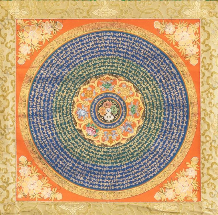 OM MANI PADME HUNG thangka, dupla dorzsévalés nyolc szerencseszimbólummal