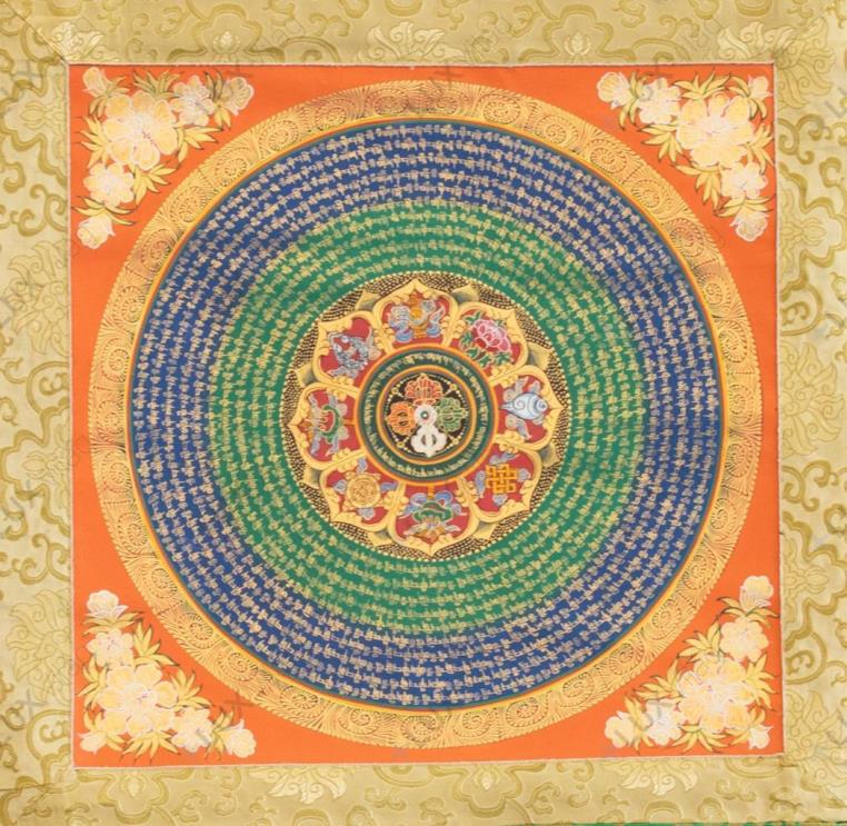 OM MANI PADME HUNG thangka, dupla dordzséval és nyolc szerencseszimbólummal
